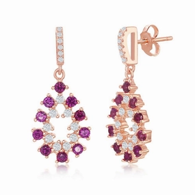 Sterling Silver Rose Gold plated Ruby CZ Pear Shaped Earrings