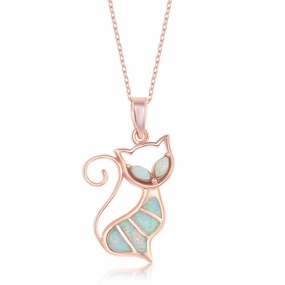 Sterling Silver Rose Gold Plated White Inlay Opal Cat Pendant