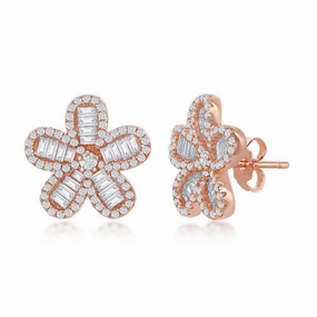 Sterling Silver Rose GP Baguette CZ Flower Stud Earrings