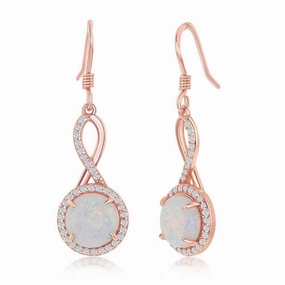 Sterling Silver Rose GP Design Round White Opal Halo CZ Earrings