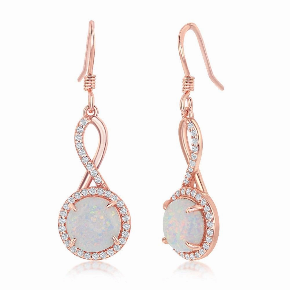 Sterling Silver Rose GP Design Round White Opal Halo CZ Earrings