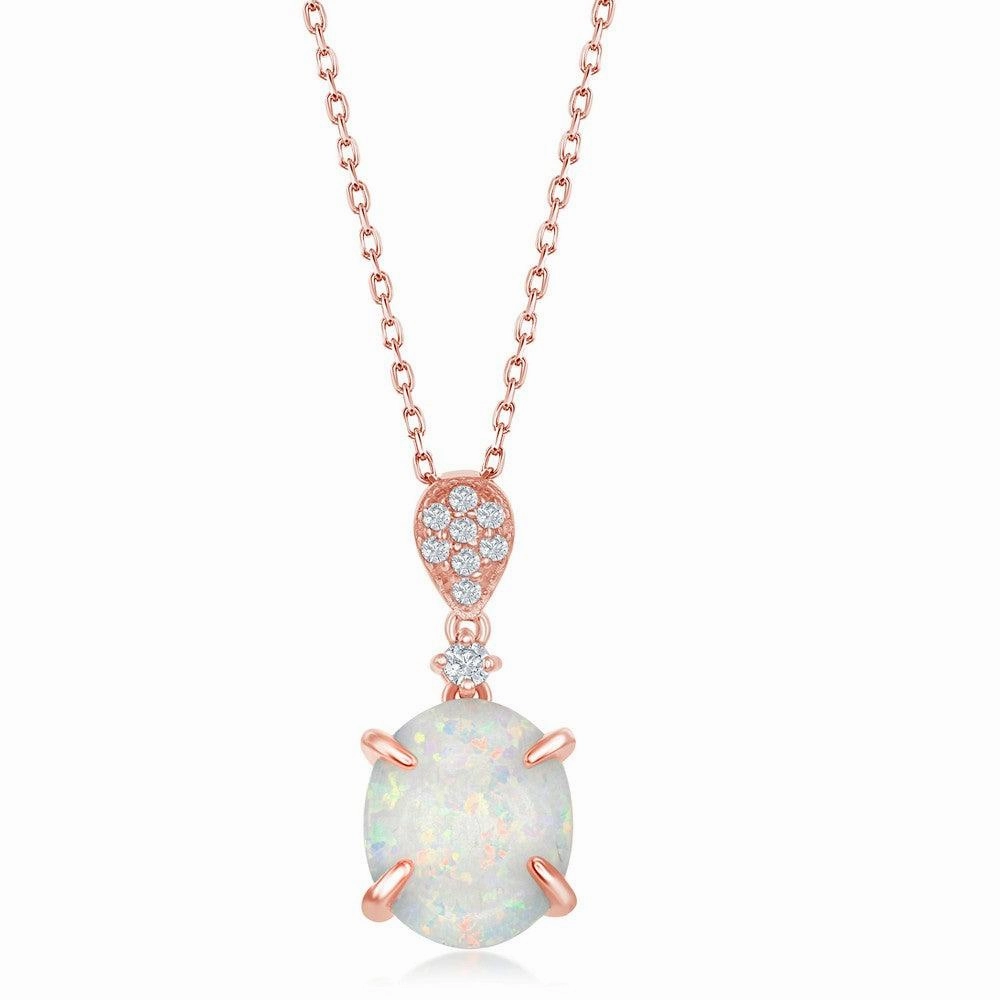 Sterling Silver Rose GP Four Prong White Inlay Opal Pendant