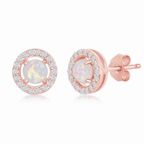 Sterling Silver Rose GP Four-Prong White Opal Halo Earrings