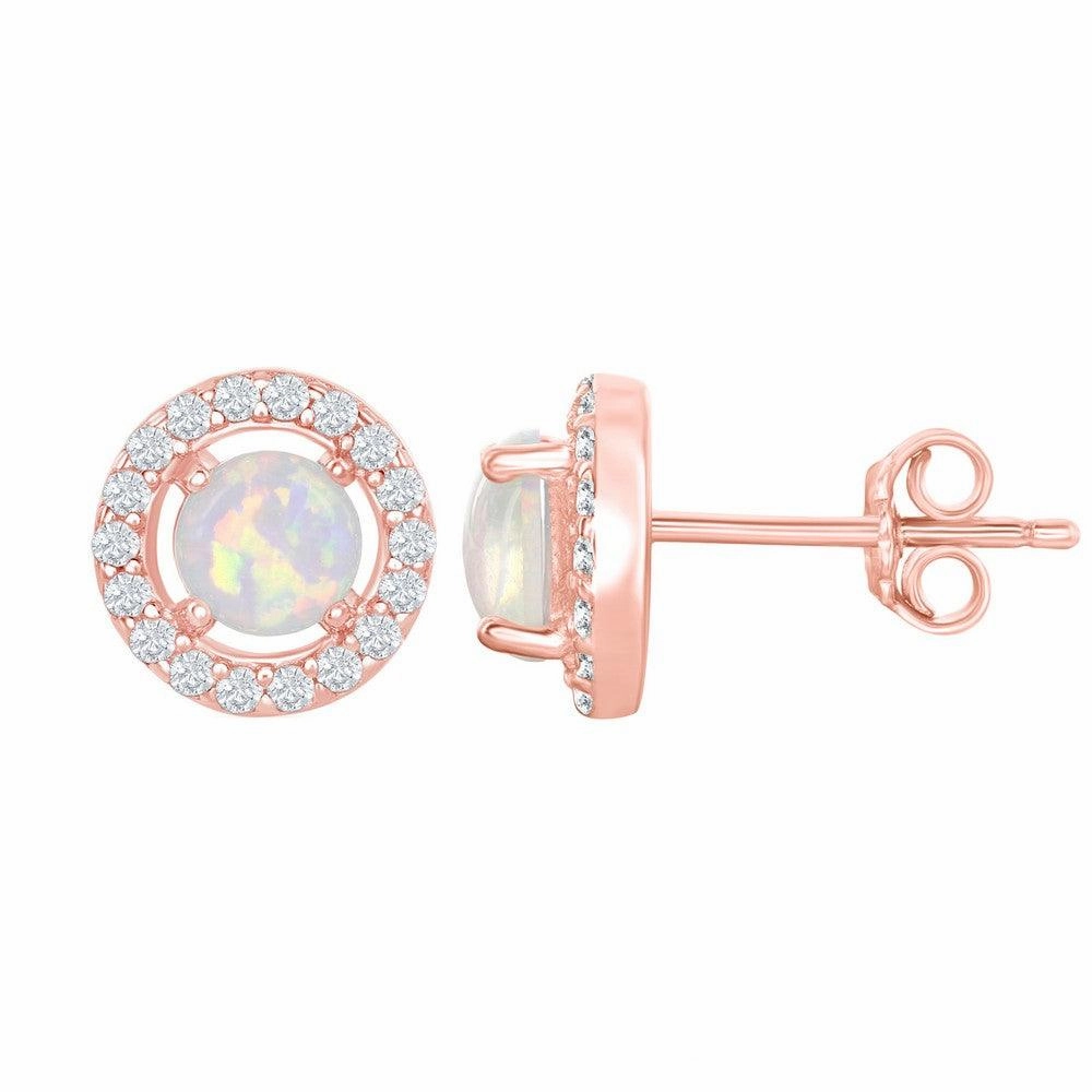 Sterling Silver Rose GP Four-Prong White Opal Halo Earrings
