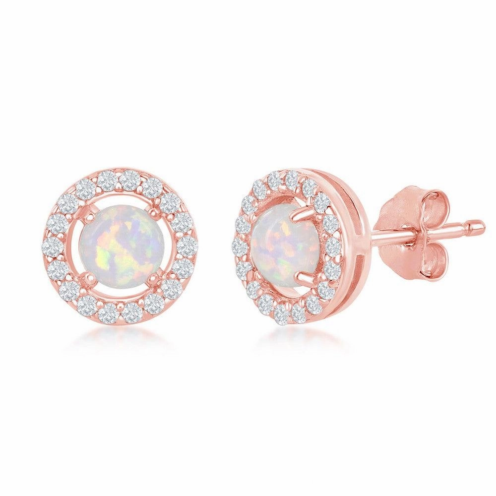 Sterling Silver Rose GP Four-Prong White Opal Halo Earrings