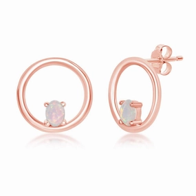 Sterling Silver Rose GP Four-Prong White Opal Stud Earrings