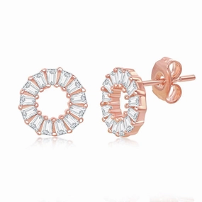 Sterling Silver Rose GP Open Circle Baguette CZ Stud Earrings