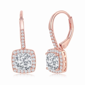 Sterling Silver Rose GP Princess Cut CZ Dangling Earrings