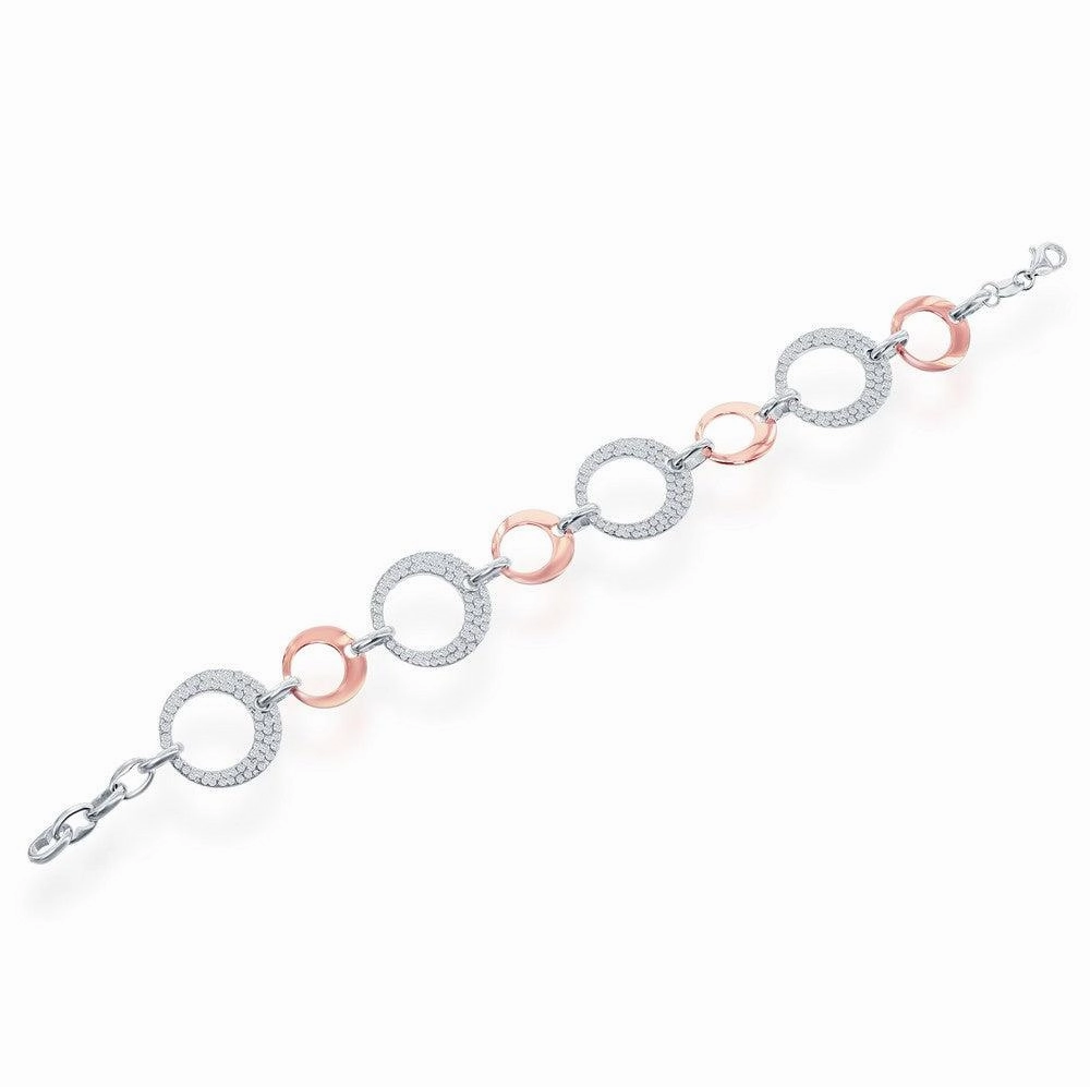 Sterling Silver Rose GP Shiny and Large CZ Open Circle Bracelet