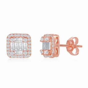 Sterling Silver Rose GP Square Baguette CZ Stud Earrings