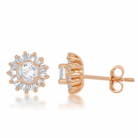 Sterling Silver Rose Small Round CZ with Baguette Border Stud Earrings
