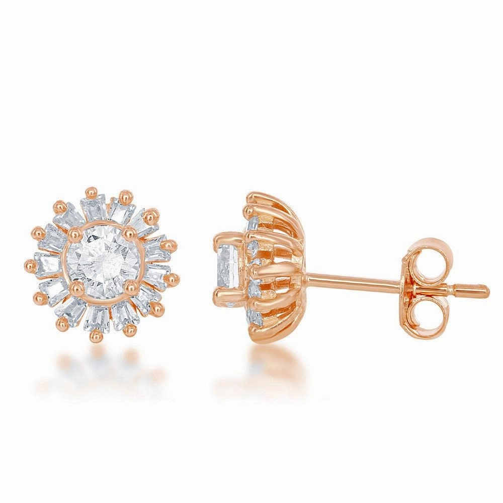 Sterling Silver Rose Small Round CZ with Baguette Border Stud Earrings