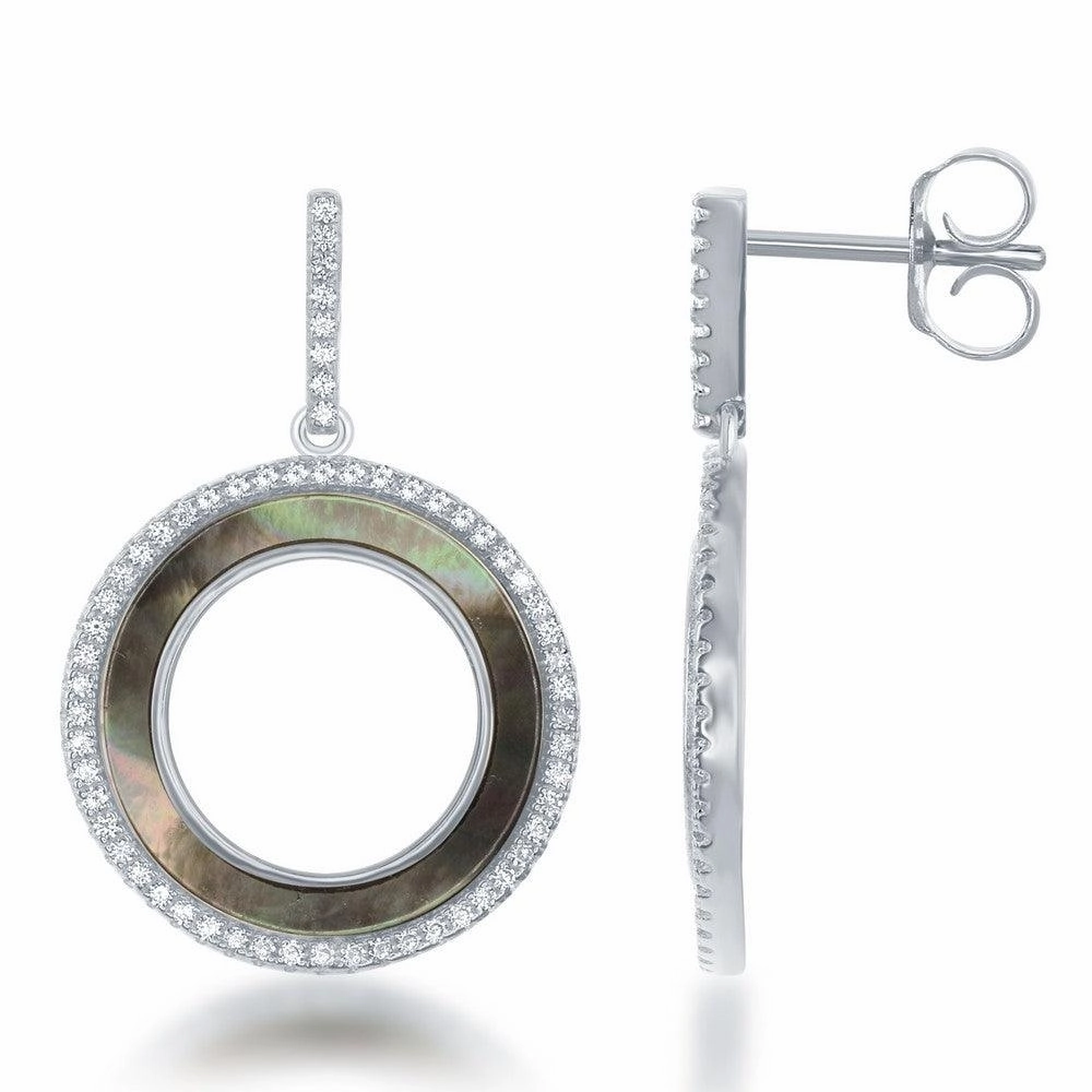 Sterling Silver Round Abalone CZ Circle Earrings
