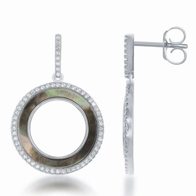 Sterling Silver Round Abalone CZ Circle Earrings