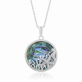 Sterling Silver Round Abalone with Starfish and Seahorse Pendant
