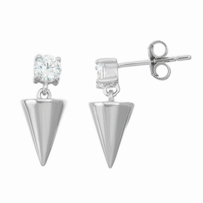 Sterling Silver Round CZ Shiny Triangle Earrings
