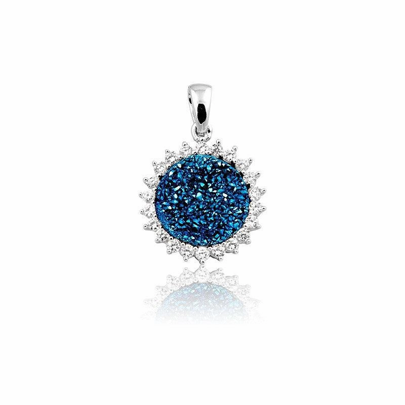 Sterling Silver Round Dark Blue Druzy CZ Pendant