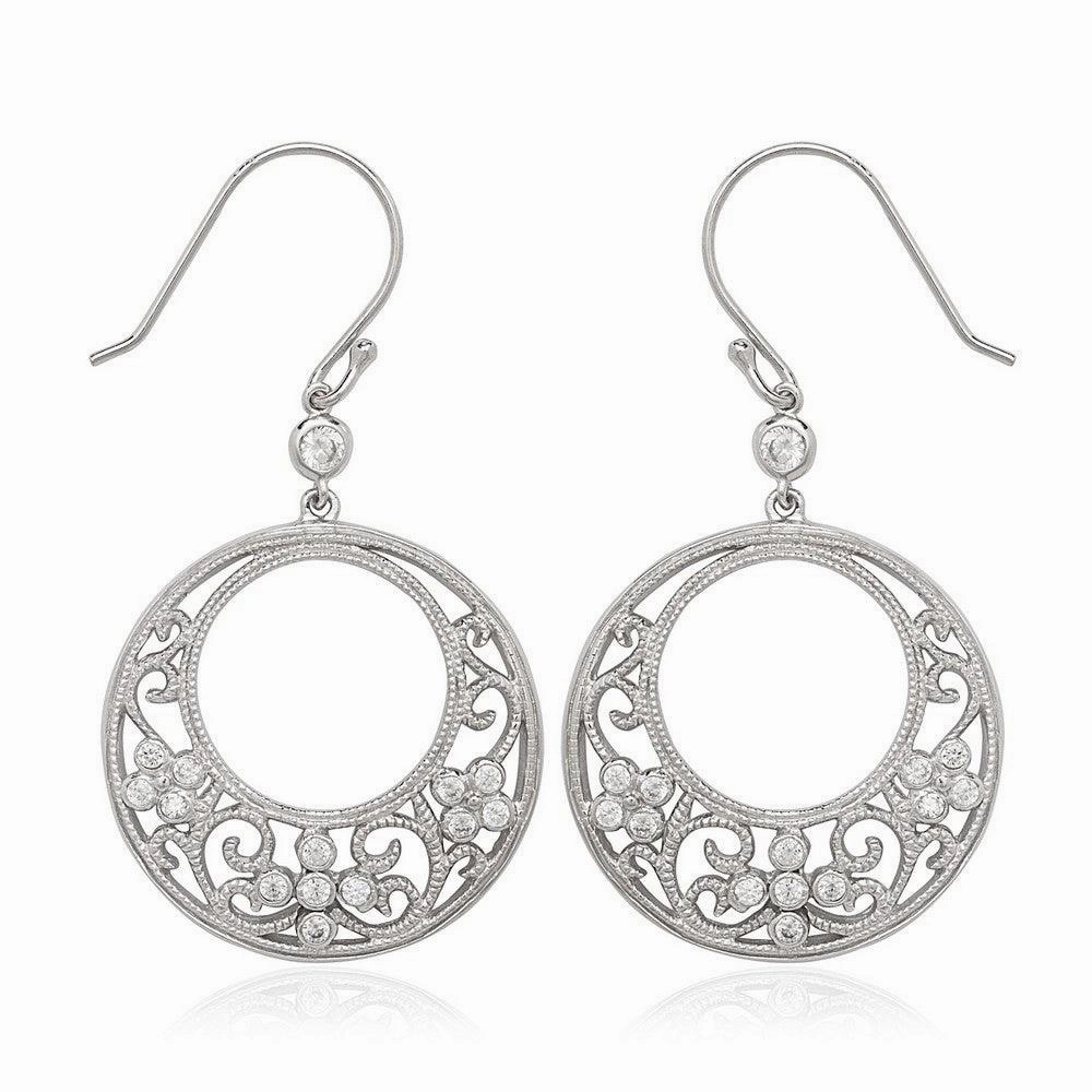 Sterling Silver Round Fancy Design with CZ Earrings