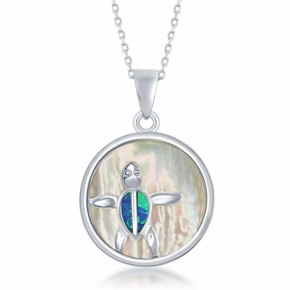 Sterling Silver Round MOP with Turtle Pendant