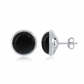 Sterling Silver Round Onyx Bezel Set Stud Earrings