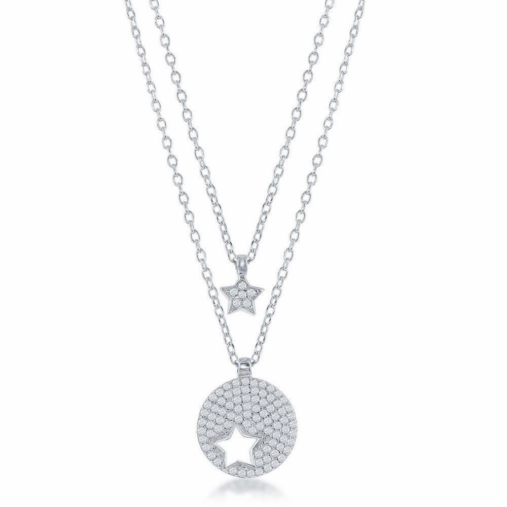 Sterling Silver Round Star Cut-Out & Star Double Strand Necklace