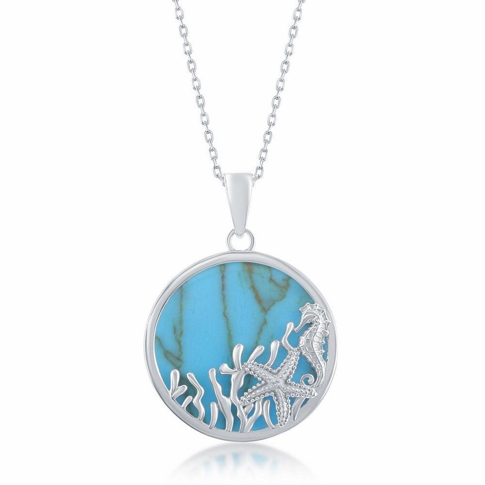 Sterling Silver Round Starfish and Seahorse Pendant