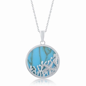 Sterling Silver Round Starfish and Seahorse Pendant