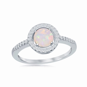 Sterling Silver Round White Opal with CZ Halo Ring