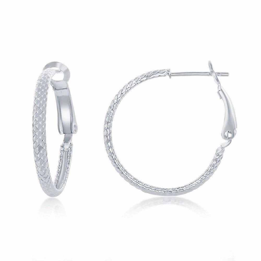 Sterling Silver Rounded Checkered Hoop Earrings, 25 mm