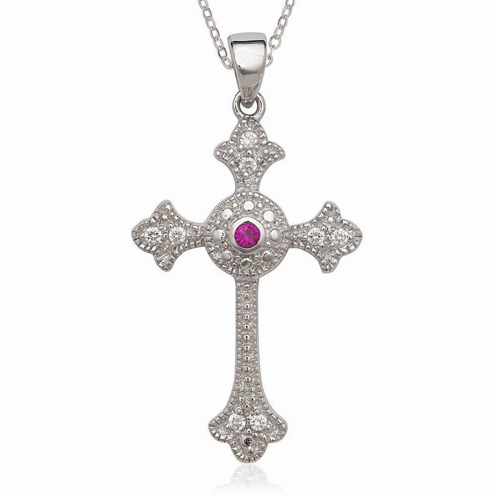 Sterling Silver Ruby and Clear CZ Cross Pendant