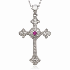 Sterling Silver Ruby and Clear CZ Cross Pendant