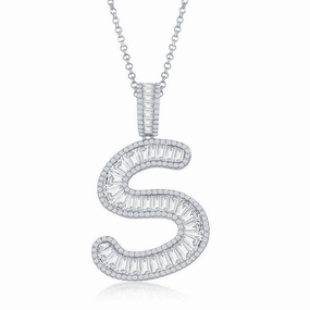 Sterling Silver S Initial Baguette CZ Pendant Chain