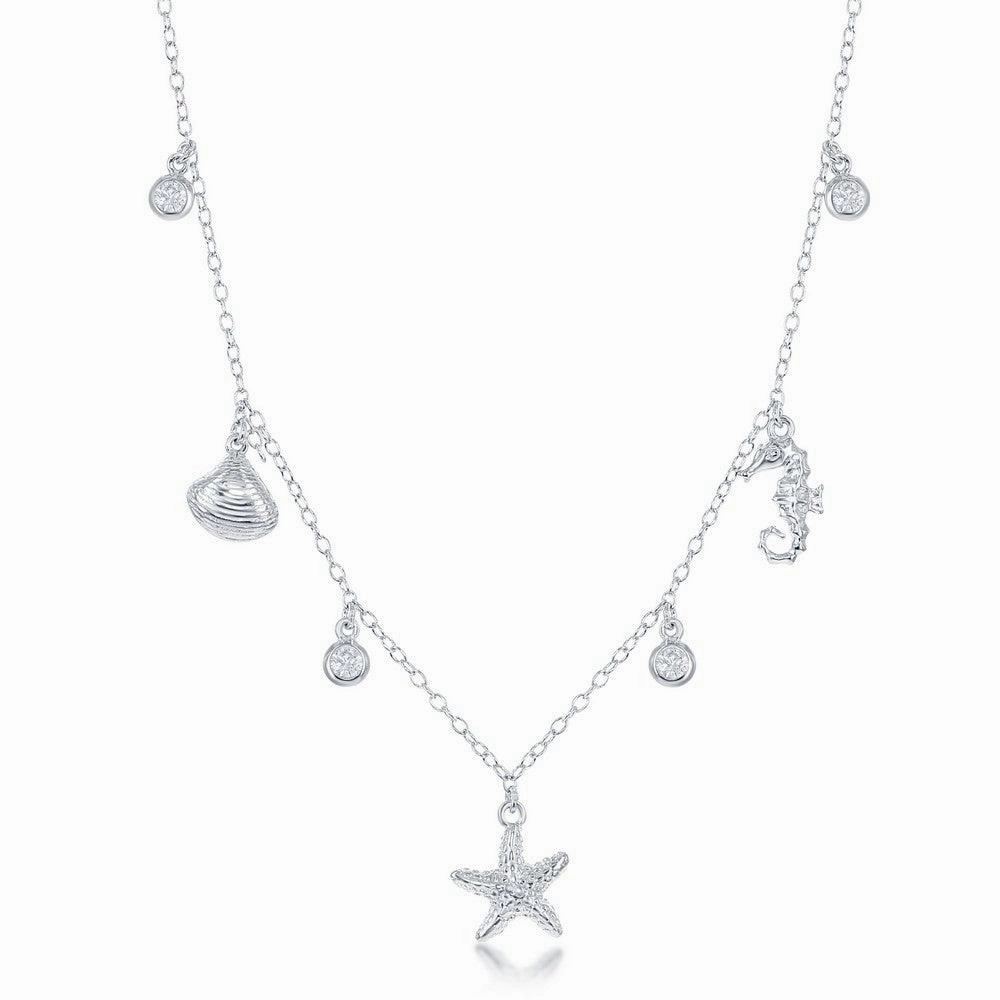 Sterling Silver Sea Shell, Starfish and Seahorse CZ's Necklace