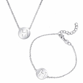 Sterling Silver Shiny 'H' Disc Initial Bracelet and Necklace Set