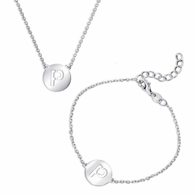 Sterling Silver Shiny 'P' Disc Initial Bracelet and Necklace Set