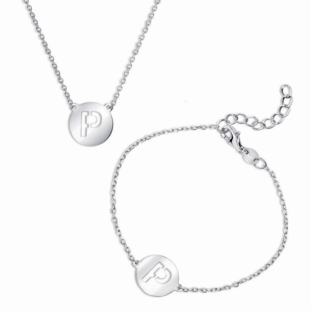 Sterling Silver Shiny 'P' Disc Initial Bracelet and Necklace Set