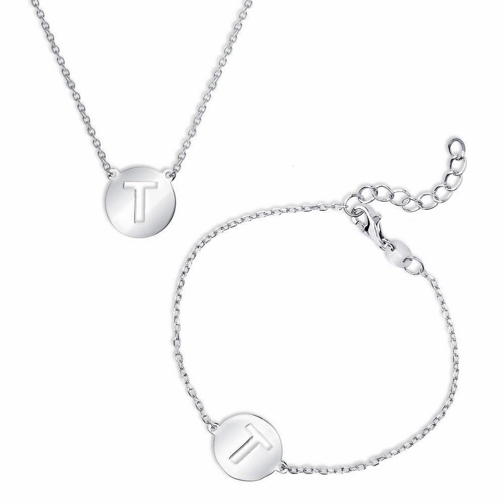 Sterling Silver Shiny 'T' Disc Initial Bracelet and Necklace Set