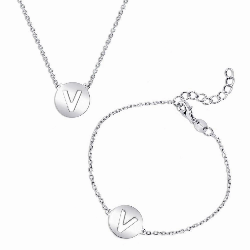 Sterling Silver Shiny 'V' Disc Initial Bracelet and Necklace Set