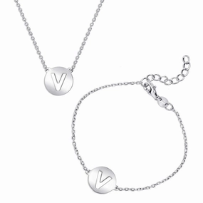 Sterling Silver Shiny 'V' Disc Initial Bracelet and Necklace Set