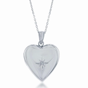 Sterling Silver Shiny Heart Diamond Accent Locket