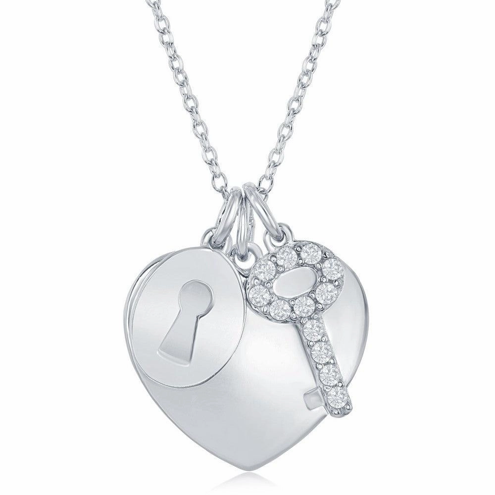 Sterling Silver Shiny Heart with CZ Lock and Key Necklace