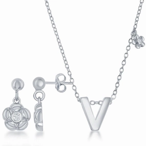 Sterling Silver Shiny "V" Necklace and Earrings Set