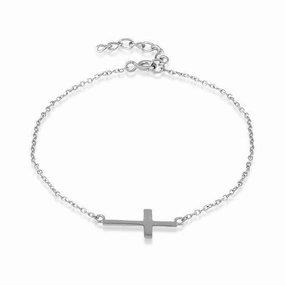 Sterling Silver Sideways Cross Bracelet, 7"
