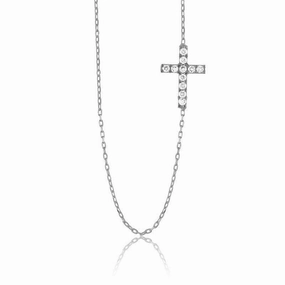 Sterling Silver Small CZ Sideways Cross Necklace