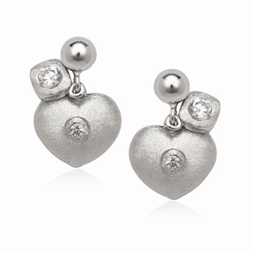 Sterling Silver Small CZ with Heart Earrings