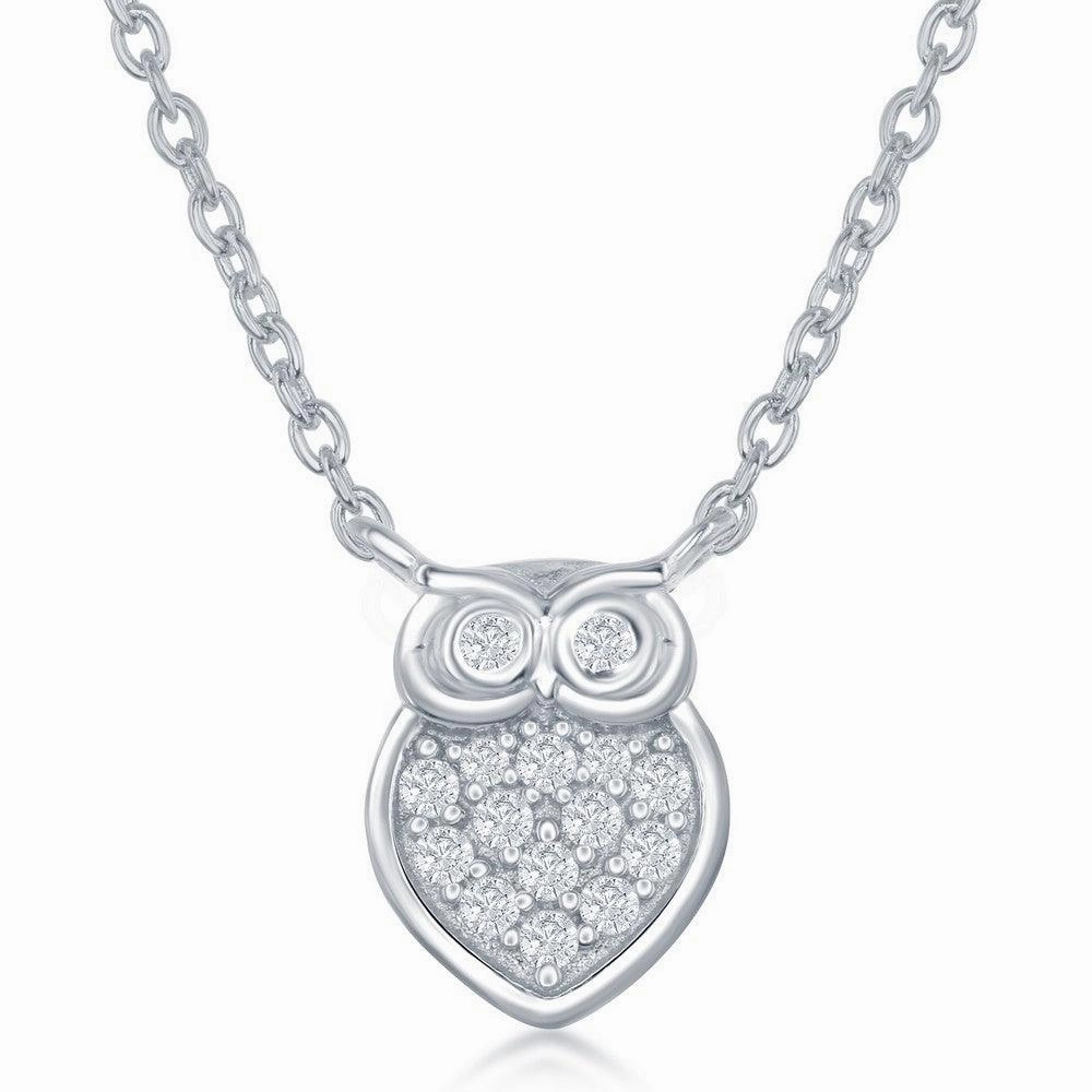 Sterling Silver Small Micro Pave Owl Necklace and Earrings Set
