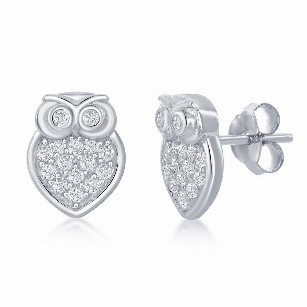 Sterling Silver Small Micro Pave Owl Necklace and Earrings Set