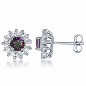Sterling Silver Small Round Rainbow CZ with Baguette Border Stud Earrings