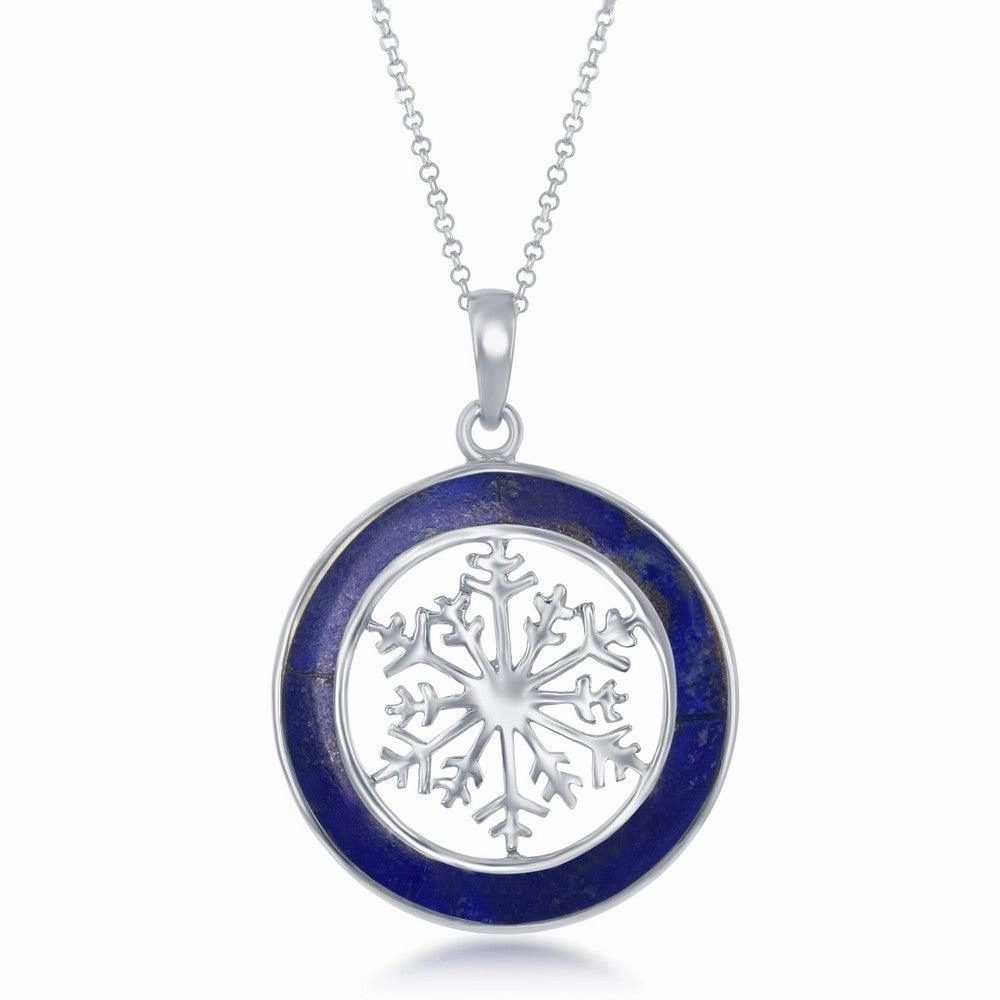 Sterling Silver Snowflake Round Pendant With Chain - Lapis
