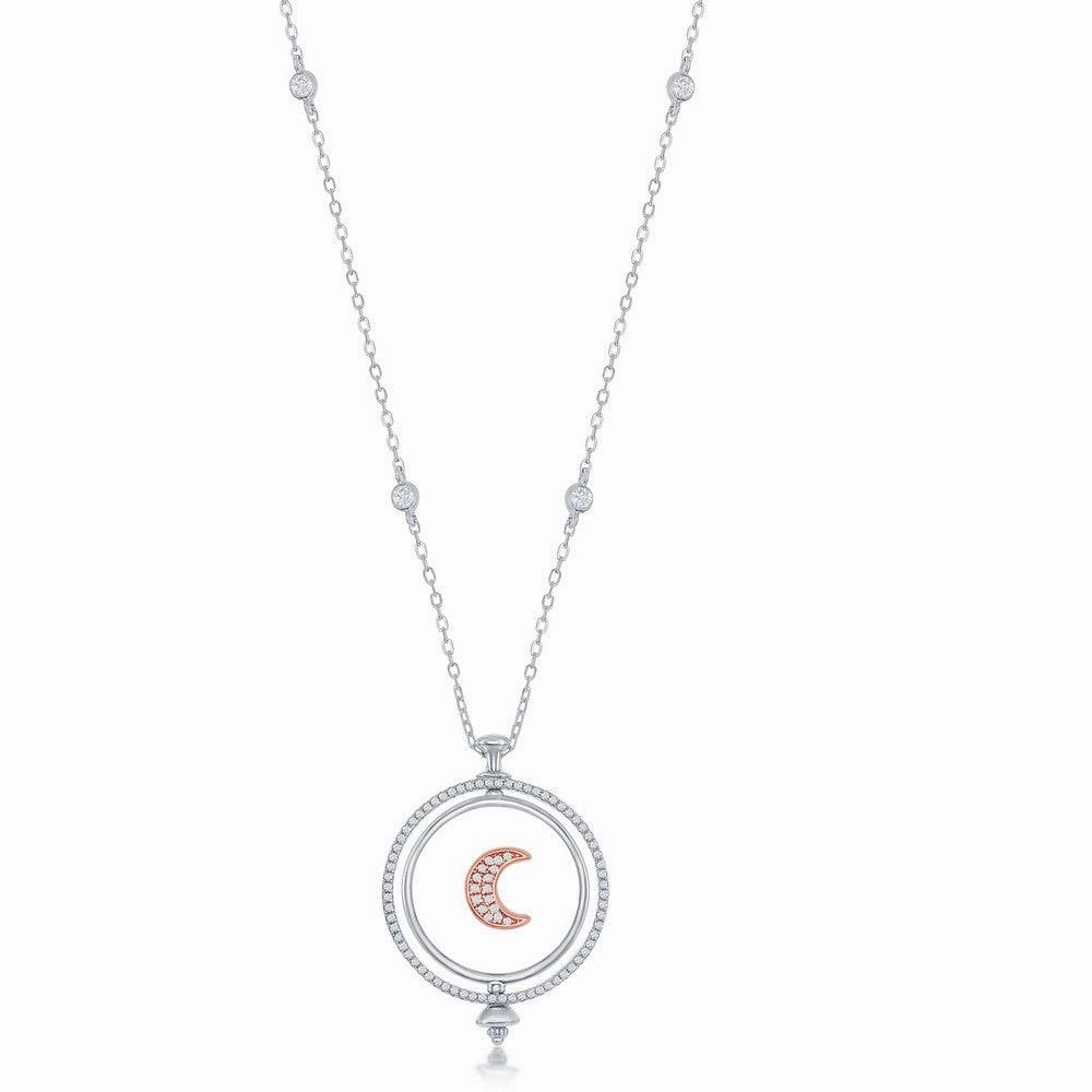 Sterling Silver Spinning Disc Crescent Moon with CZ Necklace